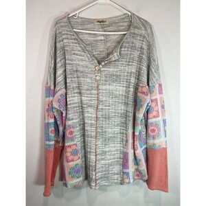 Haptics Pullover Knit‎ Top Color Block Long Sleeve Button Up Gray 3X